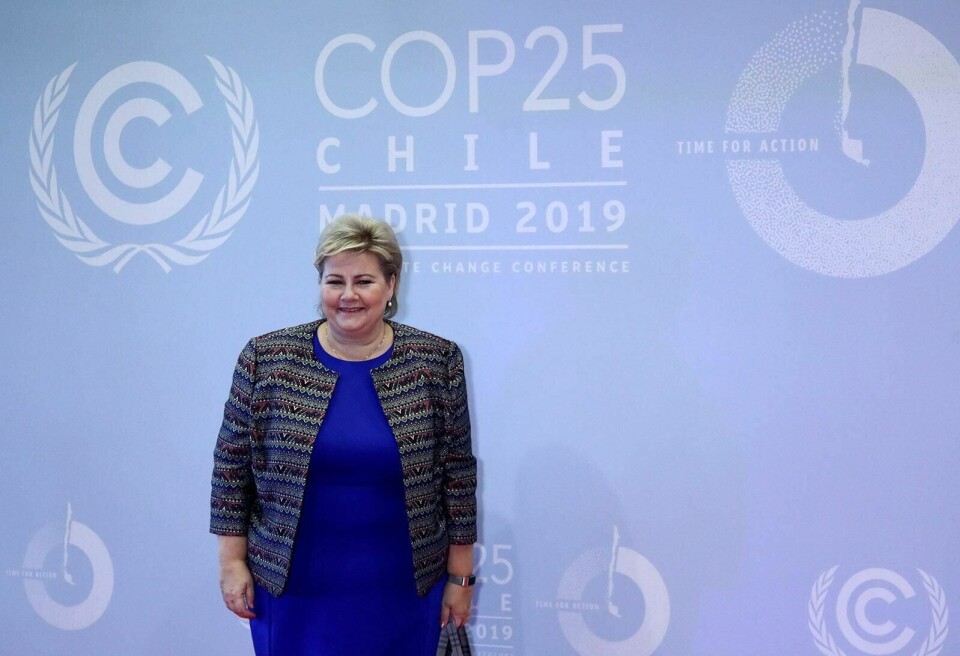 Statsminister Erna Solberg deltok i går på klimakonferansen COP25 i Madrid. Hun beklager at folk som har tilbakebetalt ytelsene til Nav, ikke har fått igjen skattepengene. Foto: Sergio Perez/NTB scanpix