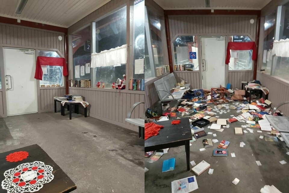 Bildet til venstre viser hvordan venterommet på Kambo stasjon så ut mandag morgen. Tirsdag morgen var det synet til høyre som møtte pendlerne.