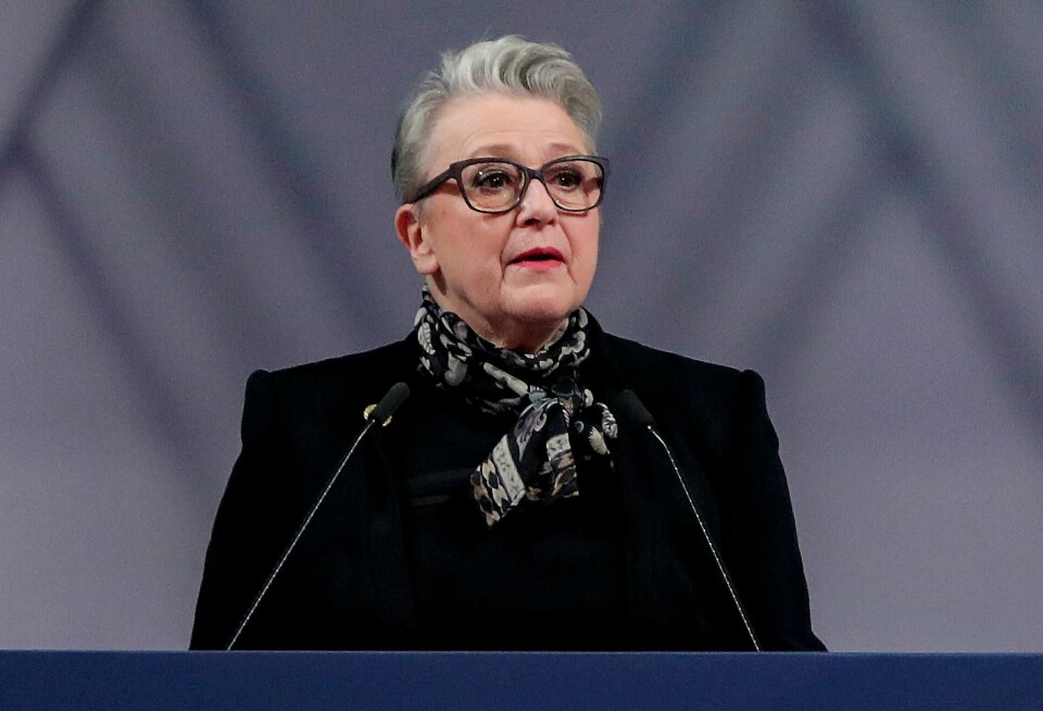 Nobelkomiteens leder Berit Reiss-Andersen under fredsprisseremonien tirsdag. Nobelkomiteens leder Berit Reiss-Andersen under fredsprisseremonien tirsdag.