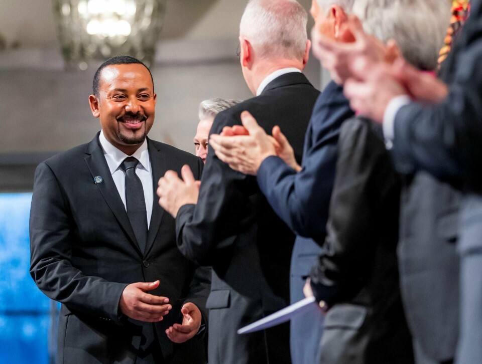 Etiopias statsminister Abiy Ahmed under fredsprisseremonien i Oslo rådhus tirsdag. Han ble av Nobelkomiteens leder Berit Reiss-Andersen omtalt som «en øyeblikkets mann».