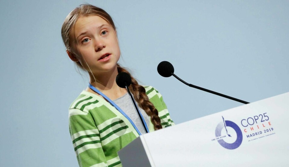 Greta Thunberg på talerstolen under FNs klimatoppmøte som pågår i Madrid. Samme dag ble kun kåret til årets person av det amerikanske magasinet Time.