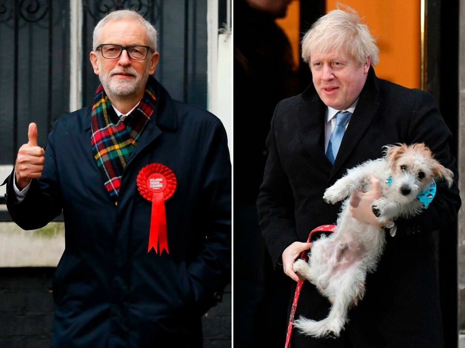 (COMBO) In this combination of photos created on December 12, 2019, Britain's Prime Minister Boris Johnson and his dog Dilyn (top), and Britain's Labour Party leader Jeremy Corbyn, are are seen as they attend Polling Stations to cast their ballot papers and vote on December 12, 2019, as Britain holds a general election. (Photo by Tolga AKMEN and Daniel LEAL-OLIVAS / AFP) (COMBO) In this combination of photos created on December 12, 2019, Britain's Prime Minister Boris Johnson and his dog Dilyn (top), and Britain's Labour Party leader Jeremy Corbyn, are are seen as they attend Polling Stations to cast their ballot papers and vote on December 12, 2019, as Britain holds a general election. (Photo by Tolga AKMEN and Daniel LEAL-OLIVAS / AFP)