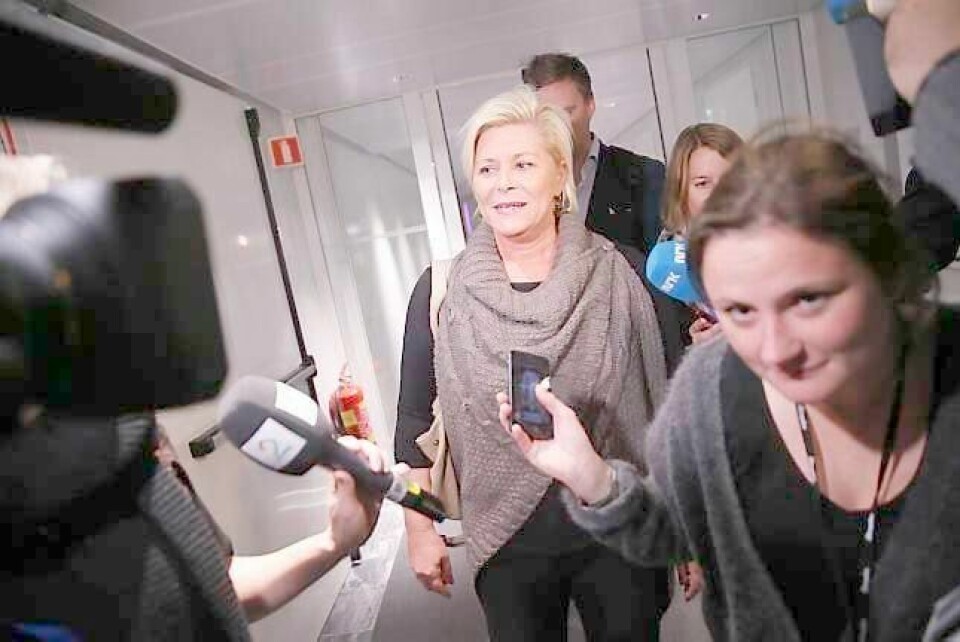 Leder i Fr Siv Jensen forlater sonderinger mellom de borgerlige partiene på Stortinget. Nå får hun kritikk i en mulig ny Frp-skandale. FOTO: CORNELIUS POPPE/NTB SCANPIX