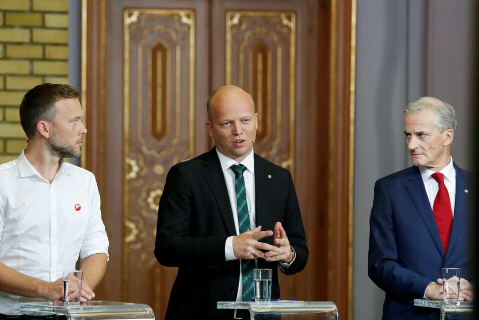 De rødgrønne med Audun Lysbakken (t.v.), Trygve Slagsvold Vedum (midten) og Jonas Gahr Støre har nå bare så vidt flertall på meningsmålingene, og de må ha hjelp av Rødt. Foto: NTB