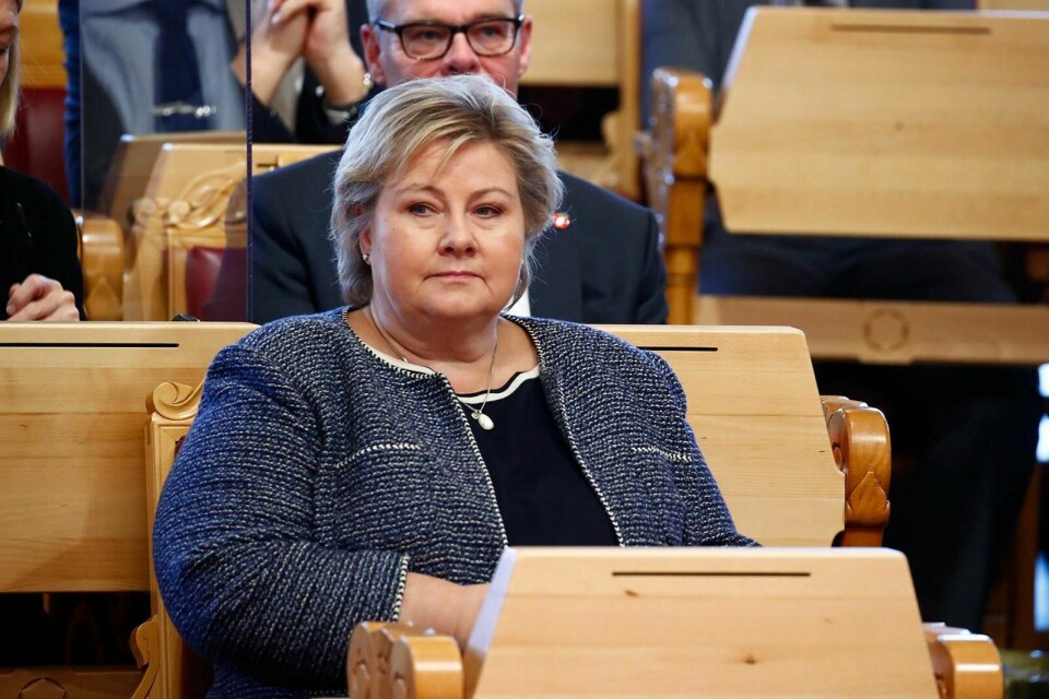 Statsminister Erna Solberg under trontaledebatten mandag. Foto: Terje Pedersen/NTB