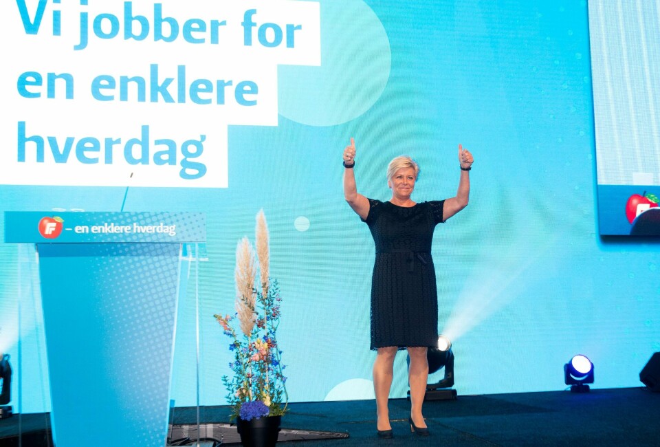 Siv Jensen ble lørdag gjenvalgt som Fremskrittspartiets leder for to nye år. Foto: Berit Roald / NTB