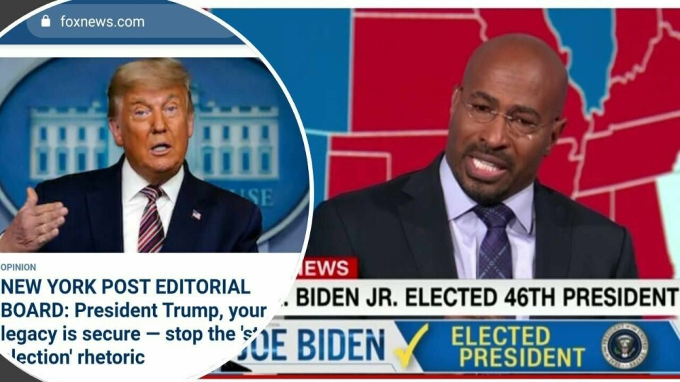 CNNs Van Jones (t.h.) som gråt av glede på direkten da valgresultatet var et faktum, har fått uventet støtte fra Donald Trumps favorittkanal Fox News (t.v.) de siste dagene.
