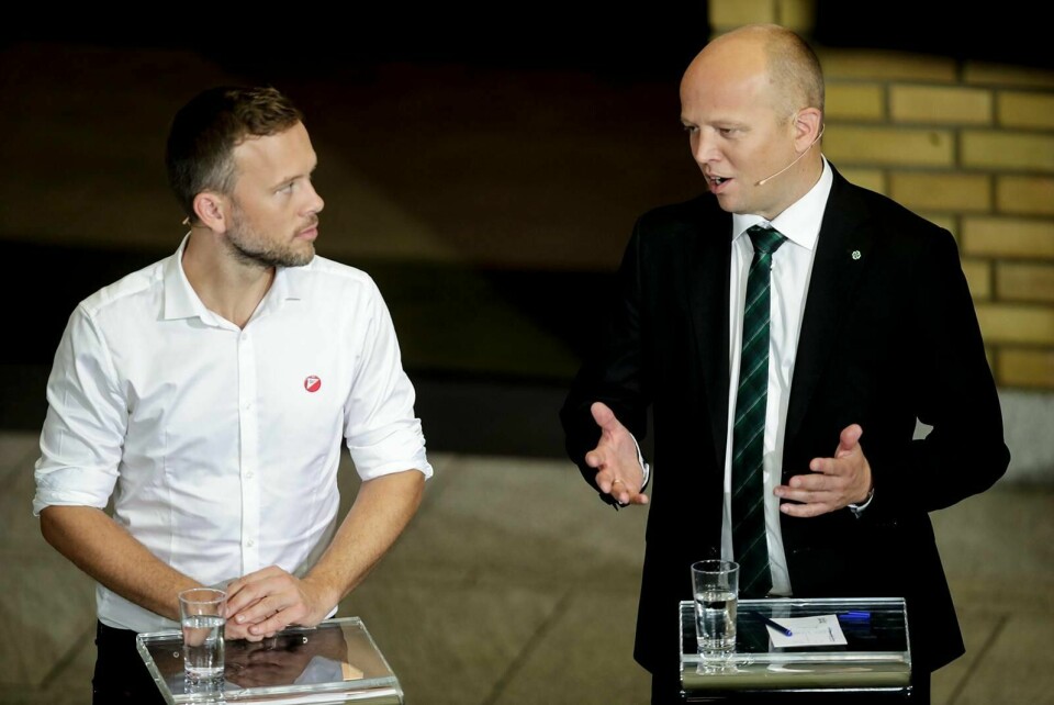 SV-leder Audun Lysbakken (t.v.) og Sp-leder Trygve Slagsvold Vedum er ikke helt på linje med egne velgere i spørsmålet om EØS. Foto: Vidar Ruud/NTB