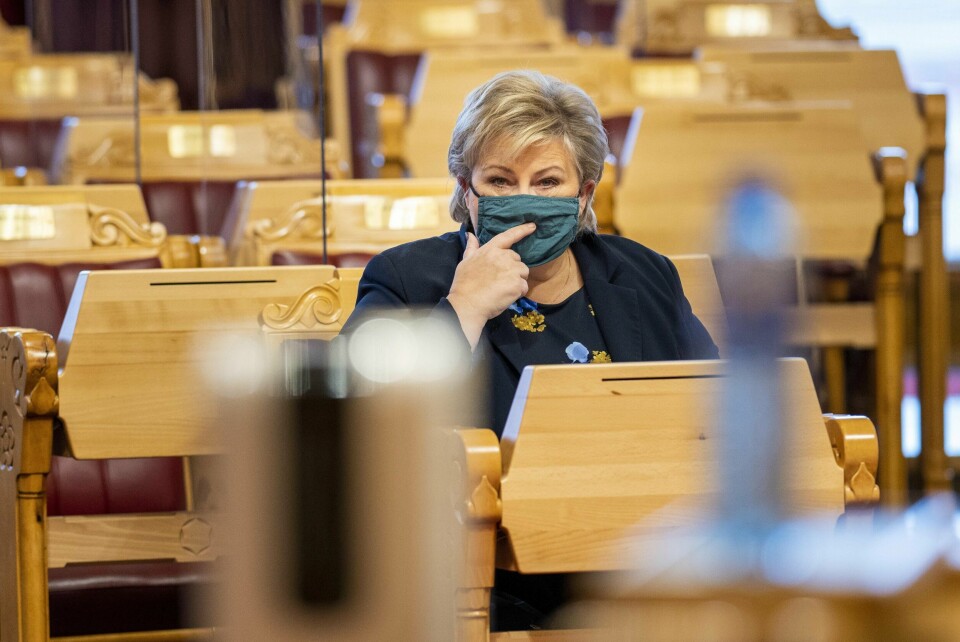 Tenk om statsminister Erna Solberg tek ein Trump til neste år og nektar å gå av viss ho tapar valet? Foto: Heiko Junge/NTB