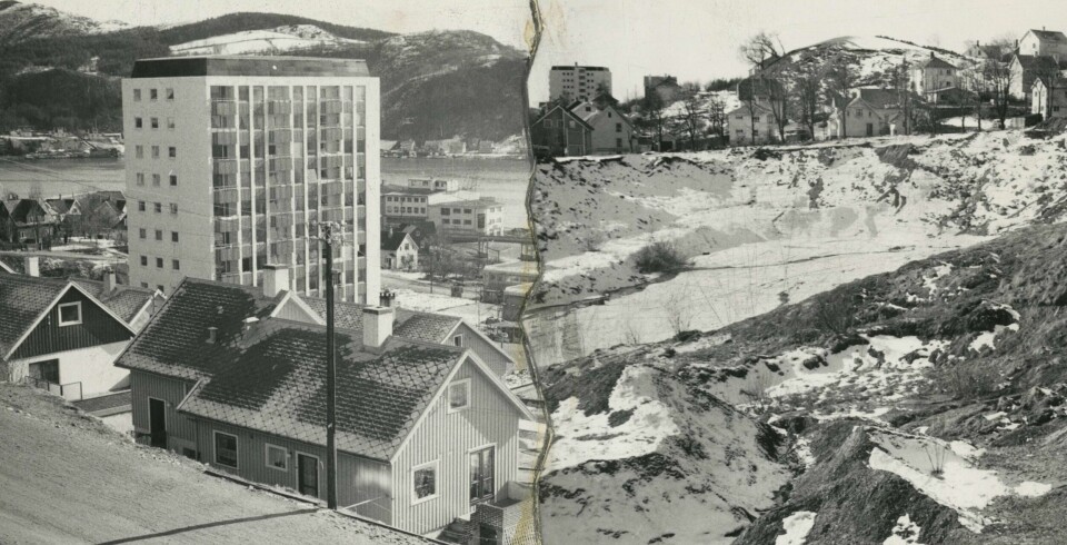 Punkthuset i Sandnes fikk hele landets oppmerksomhet i 1963, noe som illustreres i denne fotomontasjen Rogalands Avis laget. Begge foto: Stavanger Byarkiv/RA