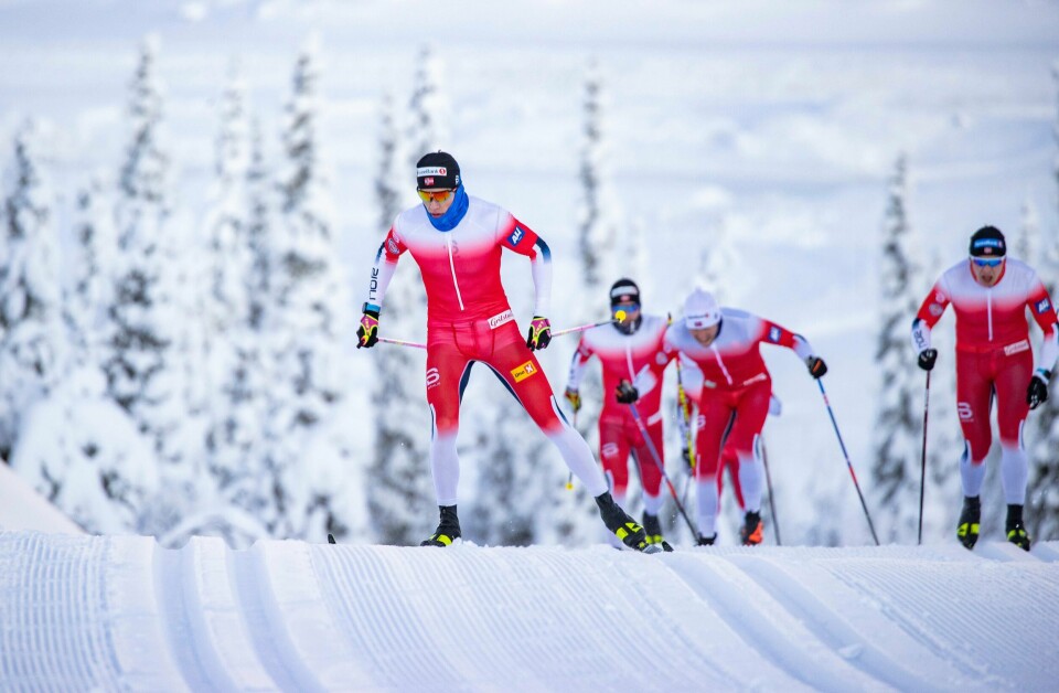 Johannes Høsflot Klæbo leder an i forbindelse med treningssamlingen for sprintlandslaget på Skeikampen sist uke. Foto: Geir Olsen / NTB.