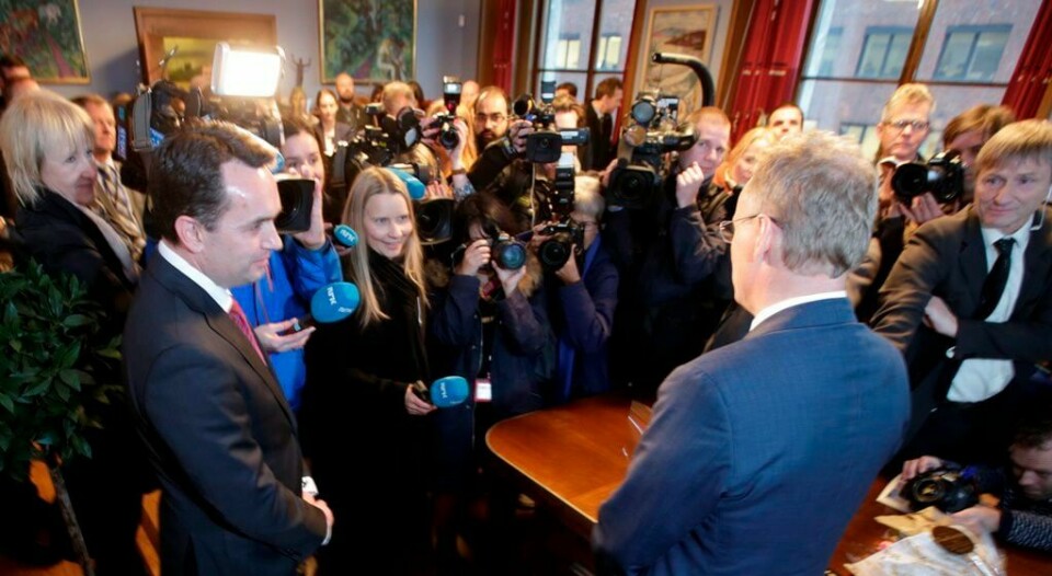 Påtroppende byrådsleder Raymond Johansen overtar plassen etter Stian Berger Røsland (t.v.). FOTO: VIDAR RUUD/NTB SCANPIX