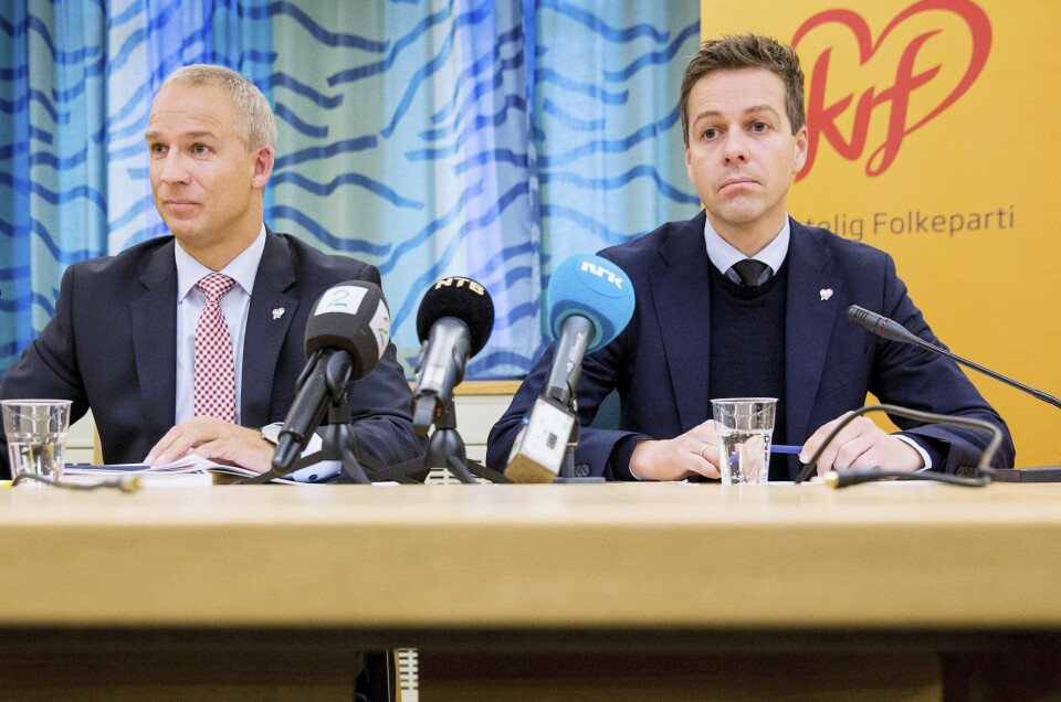 Partileder Knut Arild Hareide og finanspolitisk talsmann Hans Olav Syversen presenterte i går KrFs alternative budsjett. FOTO: TORE MEEK/NTB SCANPIX Partileder Knut Arild Hareide og finanspolitisk talsmann Hans Olav Syversen presenterte i går KrFs alternative budsjett. FOTO: TORE MEEK/NTB SCANPIX