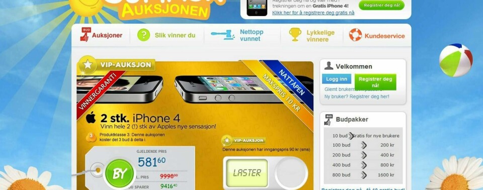 På Sommerauksjonen.com betaler du opptil 45 kroner for å by ti øre. I løpet av timer kan regningen vokse til flere tusenlapper, selv om du ikke får varene du byr på.
