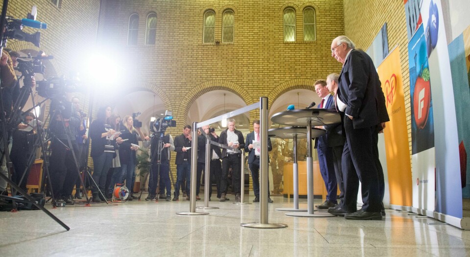 Venstres Terje Breivik, KrFs Hans Olav Syversen, Frps Hans Andreas Limi og Høyres Svein Flåtten. FOTO: JON OLAV NESVOLD/ 8NTB SCANPIX
