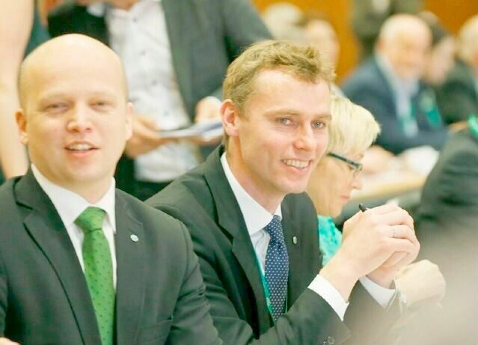 Senterpartiets nye lederduo: Trygve Slagsvold Vedum (t.v.) er valgt til ny leder og Ola Borten Moe vant kampvoteringen mot Anne Beathe Tvinnereim om vervet som 1. nestleder. FOTO: TERJE BENDIKSBY/NTB SCANPIX