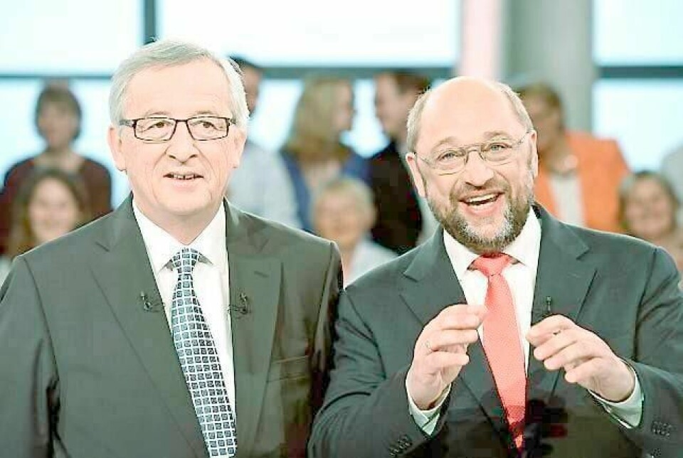 Jean-Claude Juncker (t.v.) og Martin Schulz er de fremste kandidatene til å ta over som kommisjonspresident i EU etter José Manuel Barroso. FOTO: FABIAN BIMMER/NTB SCANPIX
