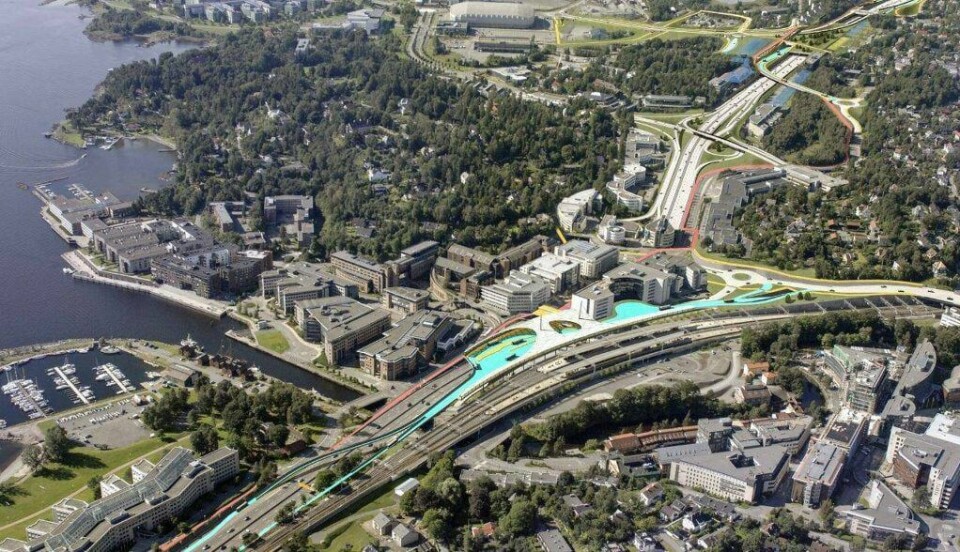 Slik kan ny og større E18 bli forbi Lysaker etter utbyggingen til om lag 40 milliarder kroner. Trafikken over bygrensen til Oslo vil øke med 50 prosent når veien står ferdig, viser utredninger gjennomført av Statens vegvesen. ILLUSTRASJON: STATENS VEGVESEN