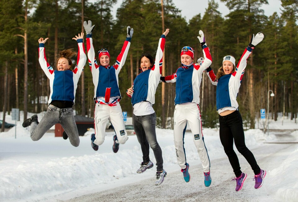 Maiken Caspersen Falla (f.v.), Kari Vikhagen Gjeitnes, Marit Bjørgen, Celine Brun-Lie og Ingvild Flugstad Østberg utgjør torsdagens norske kvinnelag i sprint. FOTO: Vegard Wivestad Grøtt / NTB SCANPIX