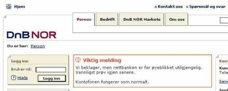 DnB NORs kunder ble tirsdag møtt av en nettbank som var ute av drift.