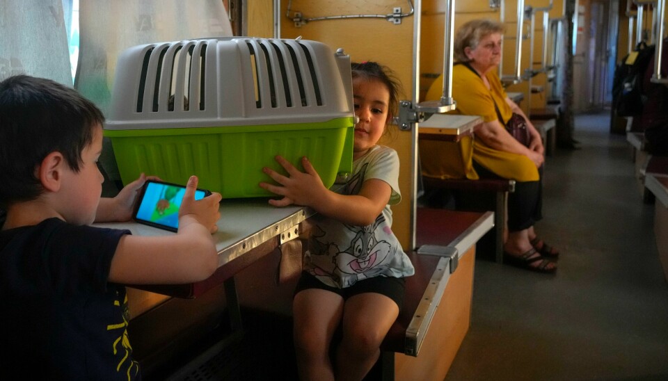 En jente passer på et bur der hun har katten sin, mens en gutt spiller på en mobiltelefon, om bord på et tog som evakuerte folk fra Pokrovsk i det østlige Ukraina i begynnelsen av juni. Men evakuering av sivile har ikke vært mulig alle steder, noe FN nå oppfordrer partene til å tilrettelegge bedre for. En jente passer på et bur der hun har katten sin, mens en gutt spiller på en mobiltelefon, om bord på et tog som evakuerte folk fra Pokrovsk i det østlige Ukraina i begynnelsen av juni. Men evakuering av sivile har ikke vært mulig alle steder, noe FN nå oppfordrer partene til å tilrettelegge bedre for. Foto: Efrem Lukatsky / AP / NTB