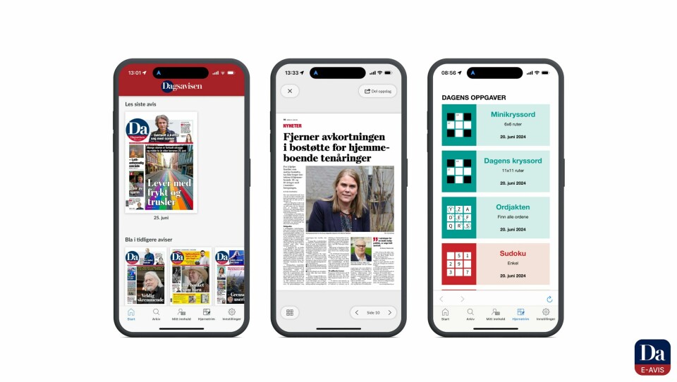 Få tilgang til alle våre utgaver og oppdatert hjernetrim hver dag. Skjermdump av mobilen som viser e-avisen på en mobil.