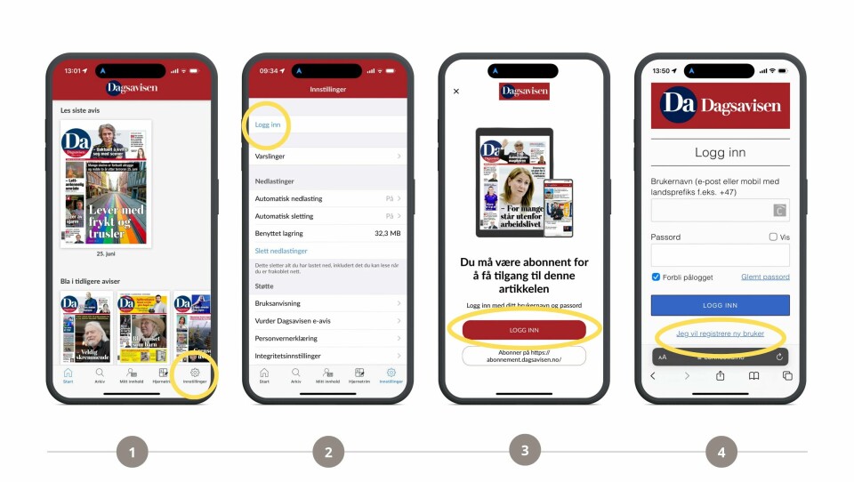 Registrer ny bruker om du trenger digital tilgang. Skjermdump av hvordan man logger inn på en mobil.