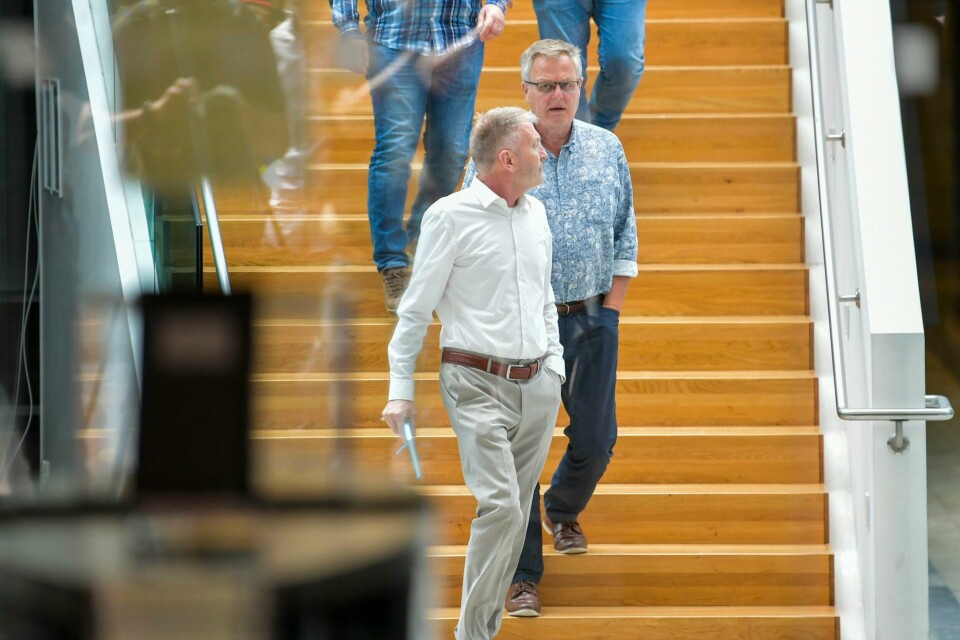 Leder Jan Levi Skogvang i SAS Norge Flygerforening (t.h.) i forbindelse med onsdagens møter på Näringslivets Hus i Stockholm. Leder Jan Levi Skogvang i SAS Norge Flygerforening (t.h.) i forbindelse med onsdagens møter på Näringslivets Hus i Stockholm. Foto: Annika Byrde / NTB