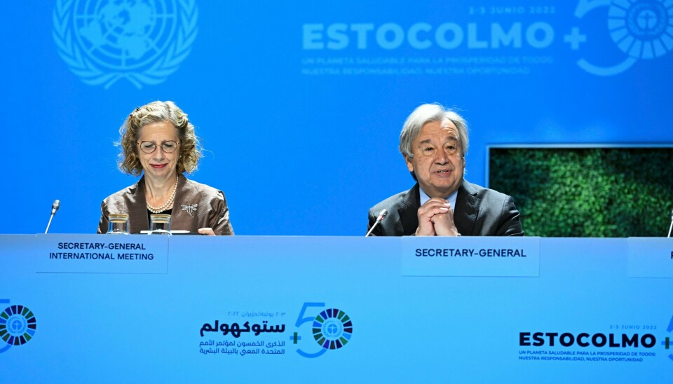 Under klimamøtet «Stockholm+50» traff FNs generalsekretær António Guterres spikeren på hodet, mener kronikkforfatteren. Her er Guterres (til høyre) sammen med Inger Andersen fra FNs miljøprogram (UNEP).
