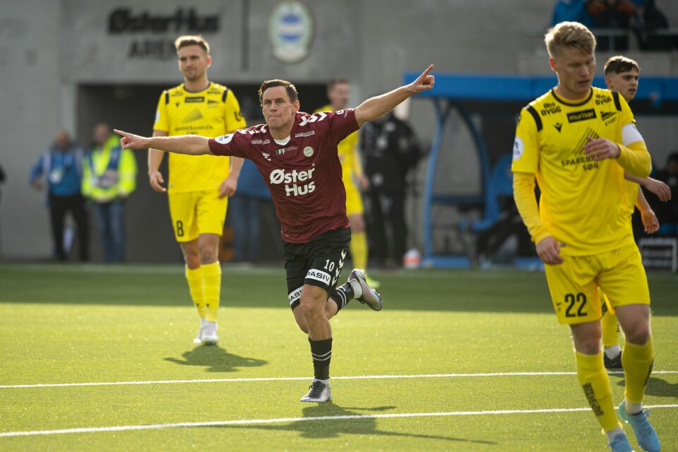 Sandnes 20220312. Sandnes Ulf Tommy Høiland jubler under fotballkampen mellom Sandnes Ulf og Start på Østerhus arena.Foto: Carina Johansen / NTB Tommy Høiland