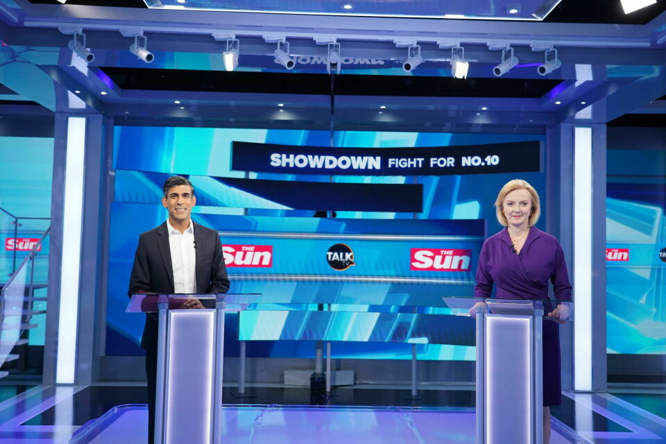 Denne uka begynner stemmegivningen i racet mellom Liz Truss og Rishi Sunak. Her fra en debatt mellom de to. Denne uka begynner stemmegivningen i racet mellom Liz Truss og Rishi Sunak. Her fra en debatt mellom de to.