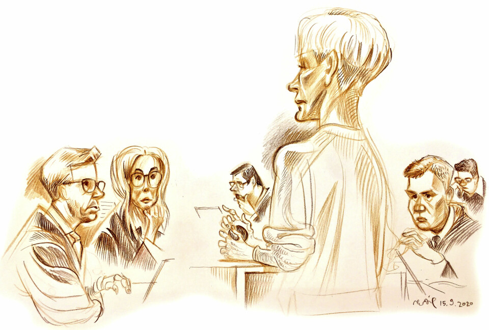 Tegning av Laila Anita Bertheussen som forklarer seg i Oslo tingrett. I bakgrunnen f.v. sitter aktor Frederik Ranke, statsadvokat Marit Formo, forsvarer John Christian Elden, medforsvarer Bernt Heiberg og bistandsadvokat Ellen Holager Andenæs. Tegning av Laila Anita Bertheussen som forklarer seg i Oslo tingrett. I bakgrunnen f.v. sitter aktor Frederik Ranke, statsadvokat Marit Formo, forsvarer John Christian Elden, medforsvarer Bernt Heiberg og bistandsadvokat Ellen Holager Andenæs.