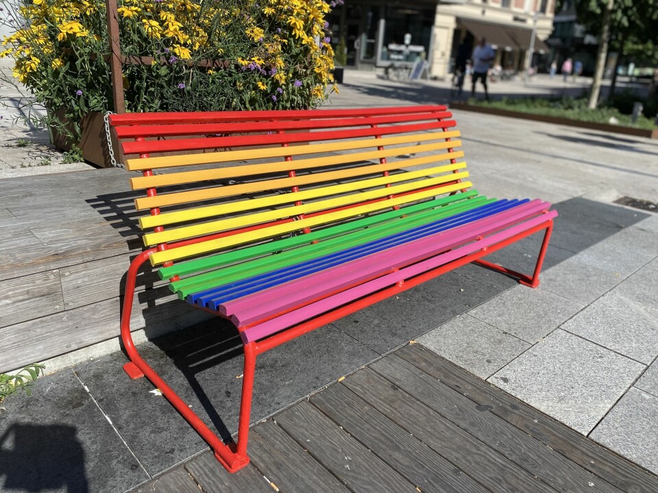 – Det er en stille bekreftelse på at det er greit å være meg, sa Pride-leder Hege Hansen om de nye benkene på Stortorvet. Pride-benk i Fredrikstad