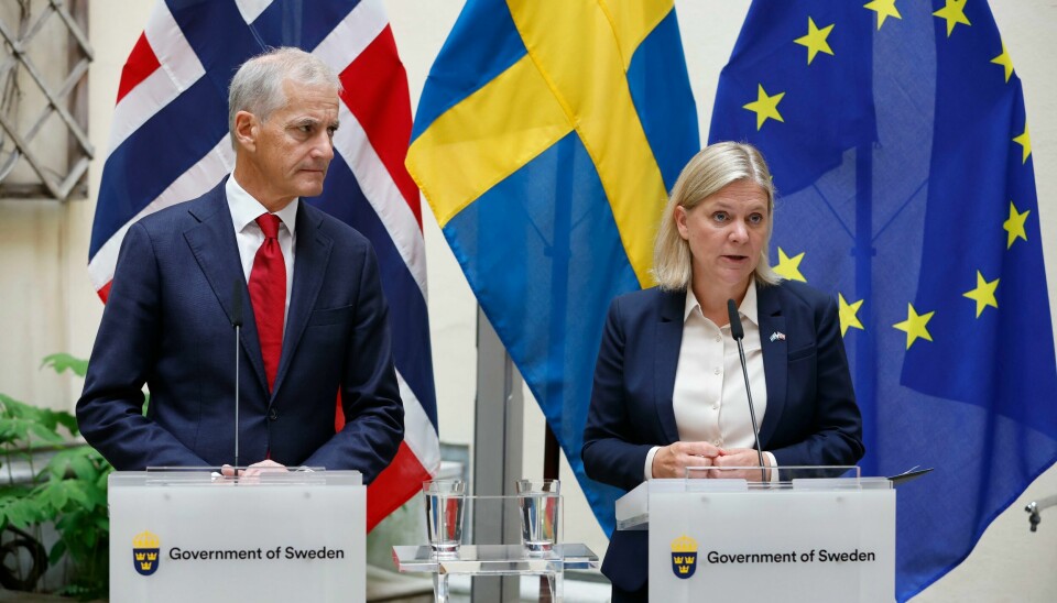 Statsminister Jonas Gahr Støre (Ap) møtte Sveriges statsminister Magdalena Andersson (S) søndag. Ukraina og energikrisen var blant temaene på agendaen. Statsminister Jonas Gahr Støre (Ap) møtte Sveriges statsminister Magdalena Andersson (S) søndag. Ukraina og energikrisen var blant temaene på agendaen. Foto: Christine Olsson / TT via AP / NTB