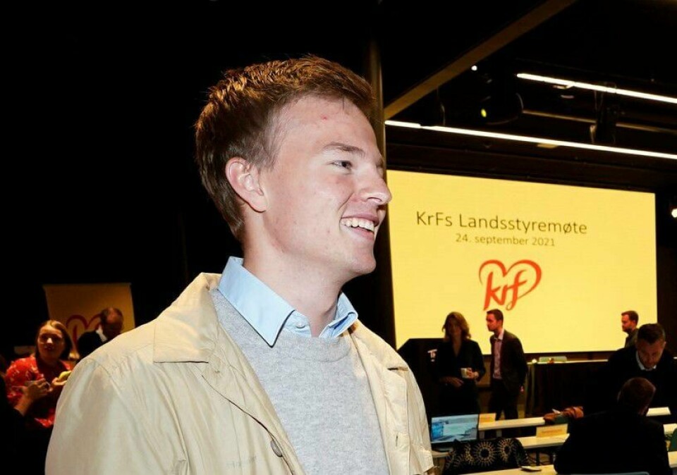 KrFU-leder Hadle Rasmus Bjuland. Oslo 20210924. Landsstyremedlem Hadle Rasmus Bjuland (t.v.) og landsstyremedlem og fylkesleder Oddny Helen Turøy i Rogaland KrF før fredagens landsstyremøte i KrF på Thon Hotel Storo.Foto: Lise Åserud / NTB