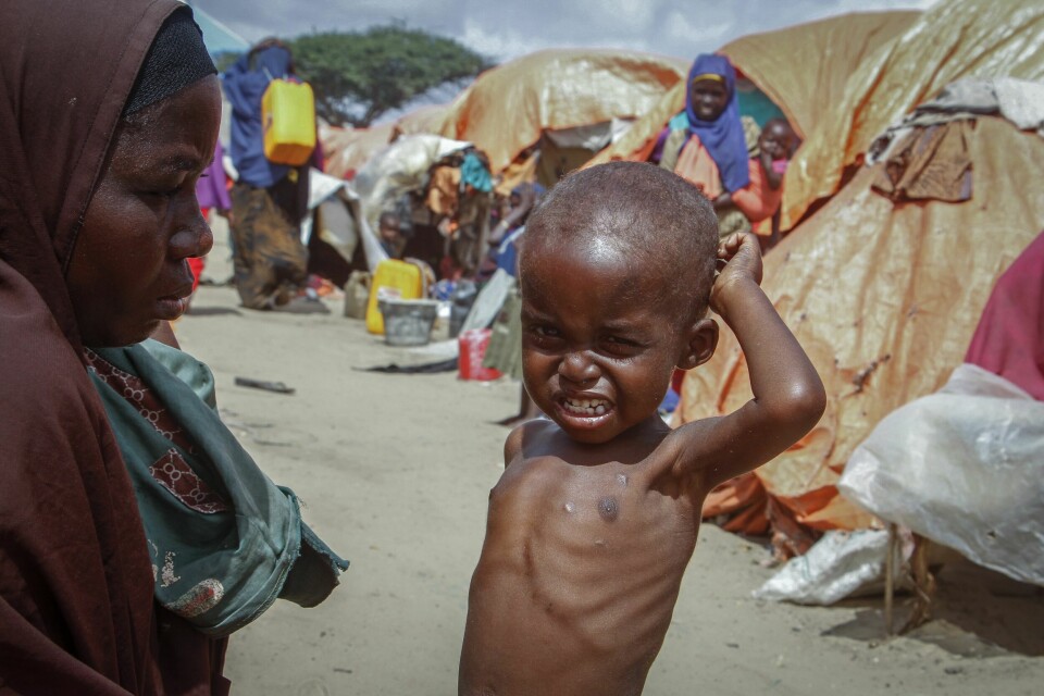 Nurto Mohamud Ali med sin underernærte to år gamle sønn Mohamud Hussein i en leir i utkanten av Mogadishu etter å ha flyktet fra det tørkerammede Nedre Shabelle-distriktet. Nurto Mohamud Ali med sin underernærte to år gamle sønn Mohamud Hussein i en leir i utkanten av Mogadishu etter å ha flyktet fra det tørkerammede Nedre Shabelle-distriktet. Foto: Farah Abdi Warsameh / AP / NTB