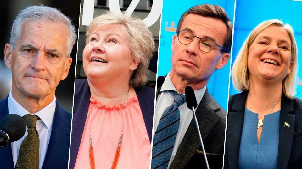 F.v.: Statsminister Jonas Gahr Støre (Ap), Høyre-leder Erna Solberg, Ulf Kristersson (leder i Moderaterna) og Sveriges statsminister Magdalena Andersson (Socialdemokraterna). F.v.: Statsminister Jonas Gahr Støre (Ap), Høyre-leder Erna Solberg, Ulf Kristersson (leder i Moderaterna) og Sveriges statsminister Magdalena Andersson (Socialdemokraterna).