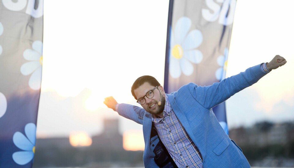 Sverigdemokraternas Jimmie Åkesson flyr høyt på meningsmålingene ved innspurten i den svenske valgkampen.