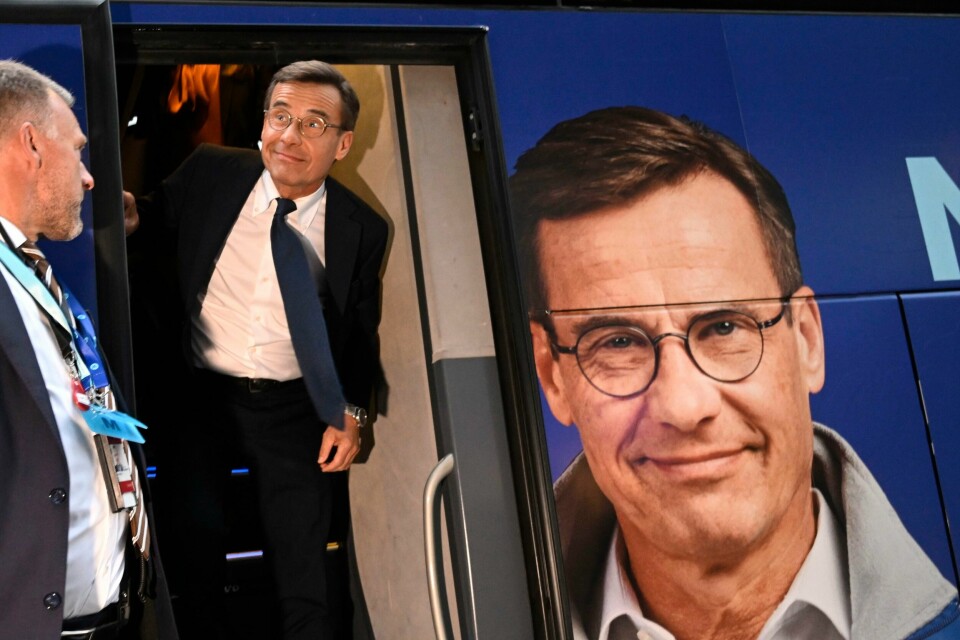 Moderaternas partileder Ulf Kristersson ankommer valgvaka søndag kveld. Moderaternas partileder Ulf Kristersson ankommer valgvaka søndag kveld.