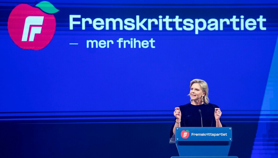 Frp-leder Sylvi Listhaug hadde landsmøtesalen i sin hule hånd. Partileder Sylvi Listhaug holder sin landsmøtetale.Foto: Lise Åserud / NTB
