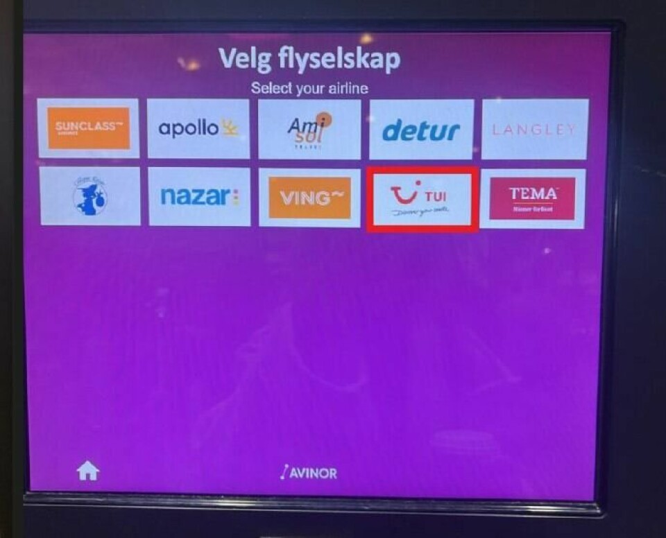 Her havner man når man trykker på «Charter»-knappen. Skjermbilde på innsjekkingsautomat, for charter.