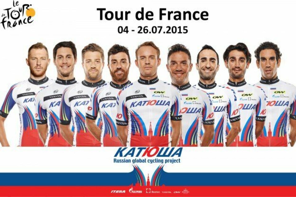 Alexander Kristoff fronter årets Katjusja-lagbilde før Tour de France.Laget: Giampaolo Caruso, Jacopo Guarnieri, Marco Haller, Dmitriy Kozonchuk, Alexander Kristoff, Alberto Losada, Tiago Machado, Luca Paolini and Joaquim Rodriguez. Alexander Kristoff fronter årets Katjusja-lagbilde før Tour de France.Laget: Giampaolo Caruso, Jacopo Guarnieri, Marco Haller, Dmitriy Kozonchuk, Alexander Kristoff, Alberto Losada, Tiago Machado, Luca Paolini and Joaquim Rodriguez.