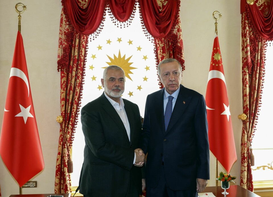 Hamas-leder Ismail Haniyeh (t.v.), her avbildet med Tyrkias president Recep Tayyip Erdogan i Istanbul 20. april. Hamas-leder Ismail Haniyeh, her sammen med Tyrkias president Recep Tayyip Erdogan i Istanbul 20. april. Foto: Tyrkias presidentkontor / AP / NTB