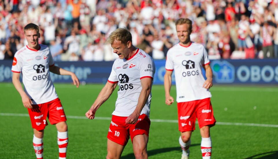 Fredrikstads Morten Bjørlo jubler for 3-1 under eliteseriekampen i fotball mellom Fredrikstad og Strømsgodset på Fredrikstad stadion. Fredrikstads Morten Bjørlo jubler for 3-1 under eliteseriekampen i fotball mellom Fredrikstad og Strømsgodset på Fredrikstad stadion. Foto: Thomas Andersen / NTB