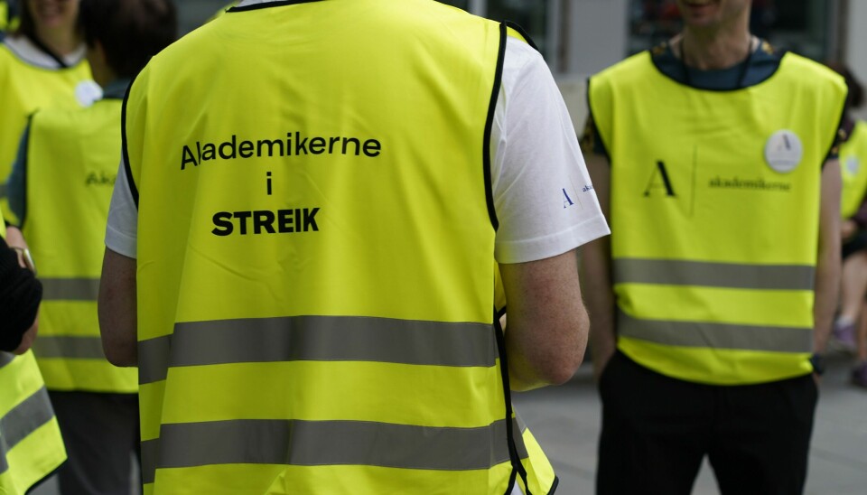 Streikende Akademikerne-medlemmer utenfor Landbruksdepartementet etter at meklingen med staten ikke førte fram. Flere departementer, politiet og høgskoler og universiteter rammes av streiken i Akademikerne og Unio. Foto: Gorm Kallestad / NTB