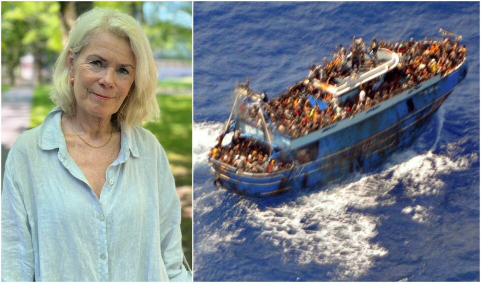 Grete Brochmann har lenge forsket på migrasjon. T.h.: Et bilde av den overfylte migrantbåten som sank utenfor kysten av Hellas i juni. Det er antatt at rundt 750 mennesker var om bord, bare litt over 100 overlevende er funnet. Grete Brochmann har lenge forsket på migrasjon. T.h.: Et bilde av den overfylte migrantbåten som sank utenfor kysten av Hellas i juni. Det er antatt at rundt 750 mennesker var om bord, bare litt over 100 overlevende er funnet.