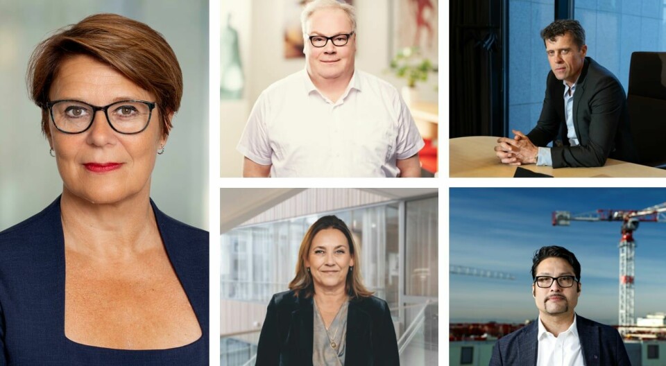 Topplederne som signerer denne kronikken. Øverst f.v: Tone Tellevik Dahl i Norsk Eiendom, Bård Folke Fredriksen i NBBL, Sverre Molvik i Selvaag Bolig, Hilde Vatne i JM Bolig og Daniel Siraj i OBOS. Blanding av menn og kvinner