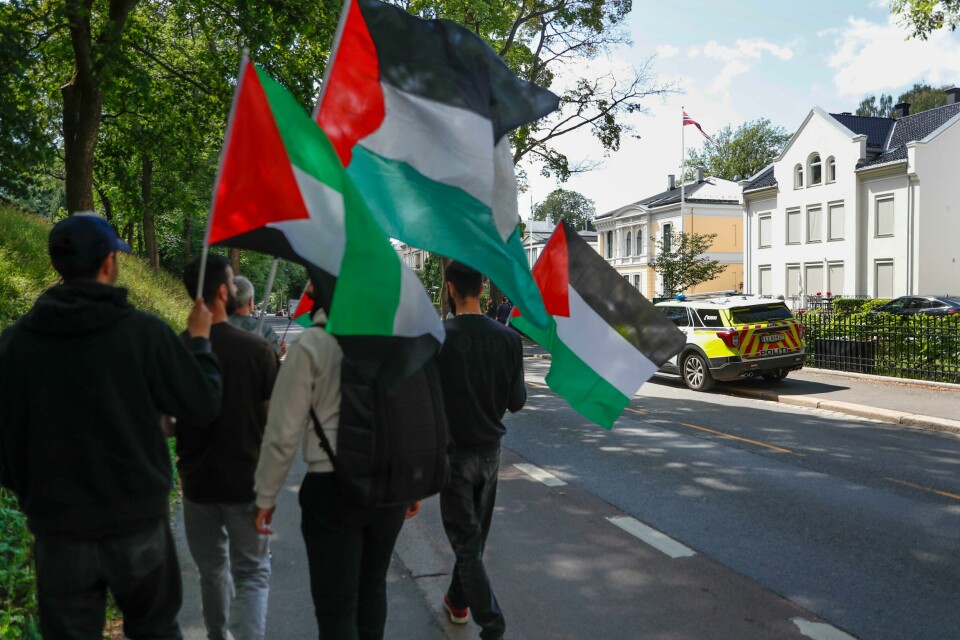 Palestinakomiteen i Norges markering foran Israels ambassade etter angrepene mot flyktningleiren Jenin. Palestinakomiteen i Norges markering foran Israels ambassade etter angrepene mot flyktningleiren Jenin. Foto: Frederik Ringnes / NTB