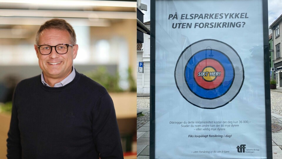 Det er lovpålagt med ansvarsforsikring til elsparkesykkel. En plakat og kommunikasjonssjefen i If (mann)