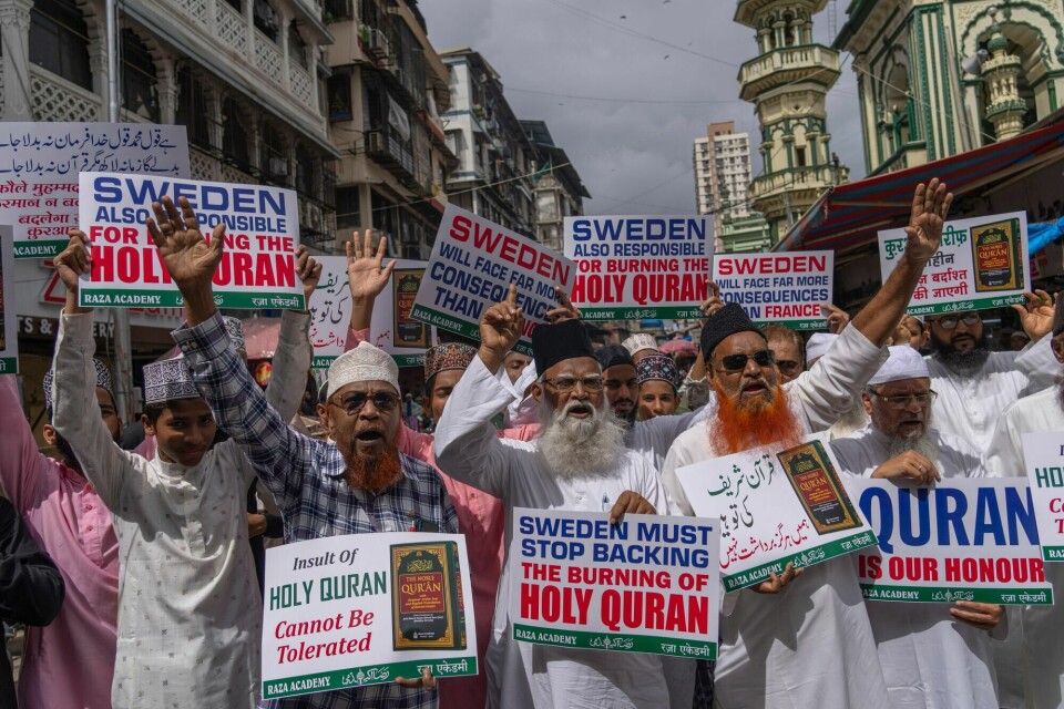 Indiske muslimer under en protest mot Sverige i Mumbai 3. juli. Indiske muslimer under en protest mot Sverige i Mumbai 3. juli.